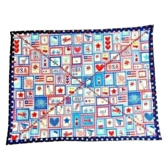 Patriotic Placemat 1-Pc Summer Embroidered Reversible Stars Hearts USA Homemade - Picture 1 of 4